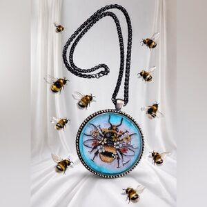 Queen honey bee handpainted pendant lg in stainless silver bezel flowers OOAK